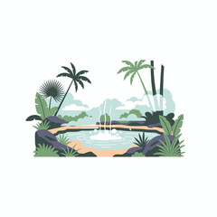 Tranquil tropical hot spring surrounded by lush vegetation.