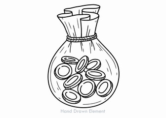 Hand-drawn illustration of a money bag overflowing with coins.