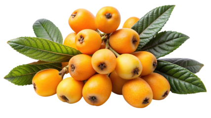 A vibrant cluster of ripe loquats with fresh green leaves isolated on transparent background