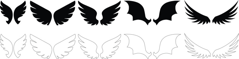 Wings icon, Black wing silhouettes, Angel and bird wings icons, Wings collection in different shapes.Vector angel wings set collection illustration drawing silhouette design graphic element isolated 