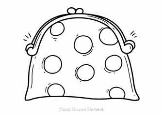 Hand-drawn illustration of a coin purse with a clasp and polka dot pattern, outlined in black on a white background.