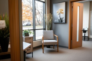 Cozy waiting area with gray cushioned chair, wooden furniture, and large window letting in natural light, creating calm and inviting atmosphere