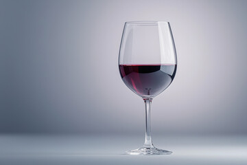 Red wine glass, transparent crystal glass, elegant wine glass, half filled glass, isolated on gradient background, smooth surface, luxury drinkware