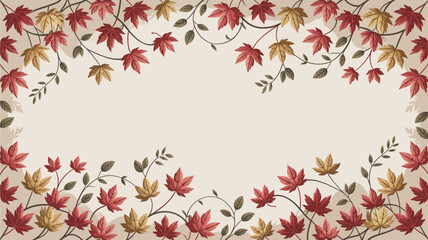 A decorative frame featuring red and golden leaves with swirling branches on a beige background design element