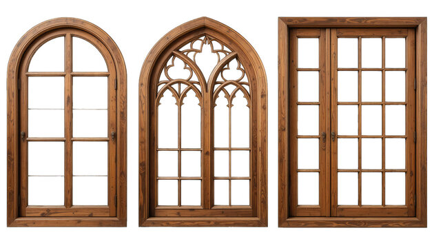 Three wooden window frames with glass panes on black isolated on a transparent background