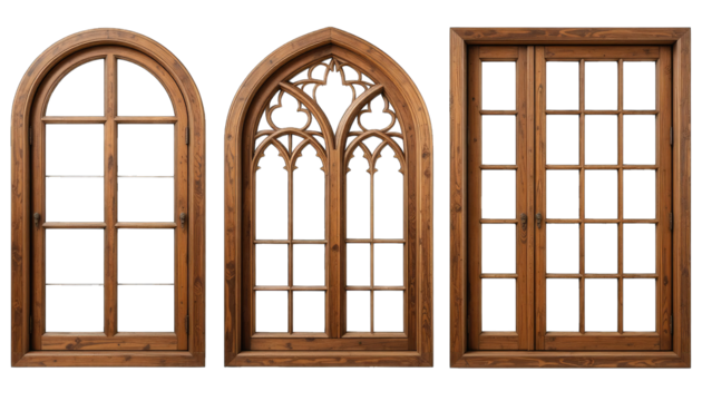 Three wooden window frames with glass panes on black isolated on a transparent background