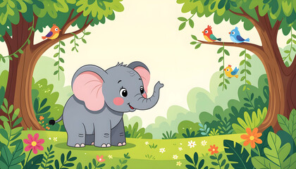 artoon elephant in forest landscape with copyspace, educational wildlife illustration for kids book