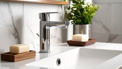 Modern bathroom sink with faucet and soap