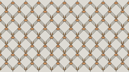 Repeating pattern of pumpkins and wheat stalks forming a diamond grid on a light background surface