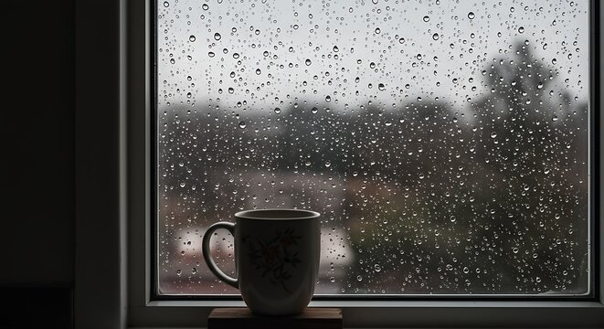Rainy Day Solitude Floral Mug on Window Sill Raindrops and Blurred Greenery. - Powered by Adobe