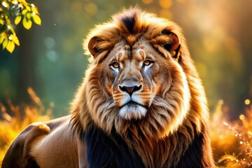 Fototapeta premium A young lion in nature in backlight. Lion on the edge of the forest.