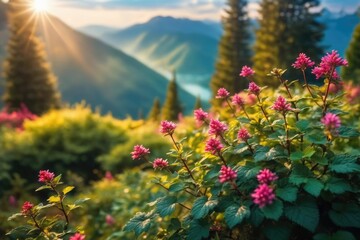 Nature landscape, rive, mountains, flower, grass and tree. Mountain landscape, path.