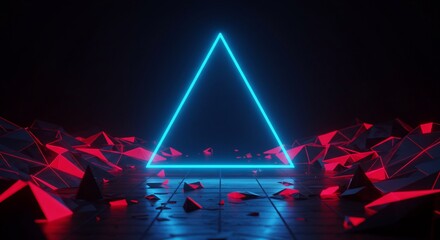 Abstract neon triangle frame glowing in dark setting with red and black crystals