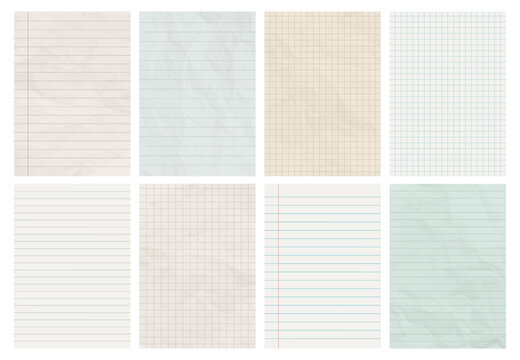 Lined and graph grid paper sheets set. Blank notebook, checkered and ruled pages isolated collection