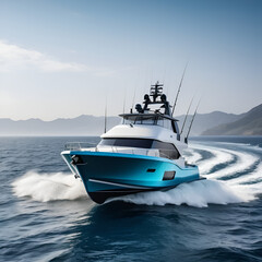 Modern fishing boat equipped with radar and sonar, sleek design, and dynamic oceanic backdrop