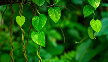 Lush green heart-shaped leaves cascading down vines