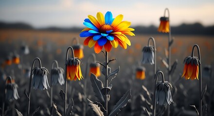 Radiant Anomaly - A Vivid Blue and Yellow Flower Defies a Somber, Fading Field.