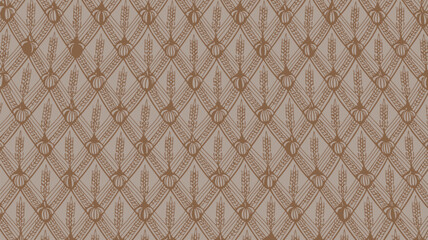 Repeating pattern of wheat and floral shapes in a diamond grid on a light brown background surface