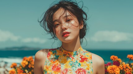 A joyful young woman with a vibrant floral dress and messy hair, smiling and looking at the camera on a sunny beach with orange flowers