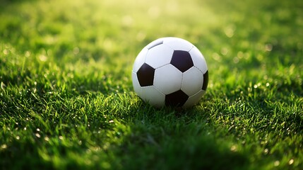 Fototapeta premium Soccer ball lying on the green grass field in the stadium on sunny day