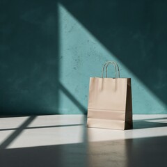 Paper shopping bag on a clean surface with shadows and teal wall  