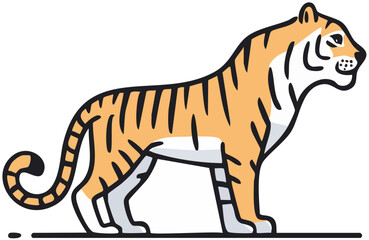Obraz premium Tiger vector illustration, full body wild animal in standing pose, orange fur with black stripes, jungle predator, wildlife mascot, simple flat graphic drawing isolated on white background