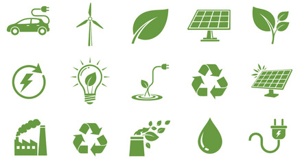 Green Eco-Friendly Energy and Recycling Icons Set.