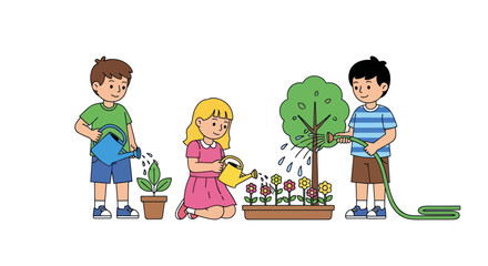 Children Watering Plants in a Garden Using Watering Cans and a Hose.