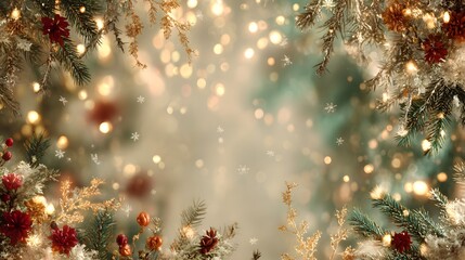 Soft Focus Christmas Background with Bokeh Lights and Evergreen Branches image photo