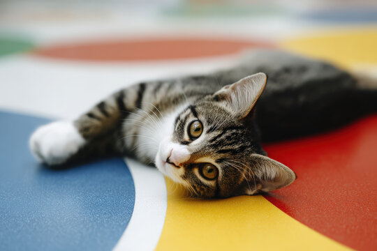 playful cat lounging gracefully against colorful graphic pattern that energizes scene