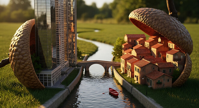 Urban and rural contrast A creative illustration of city buildings and village houses inside an acorn shell
