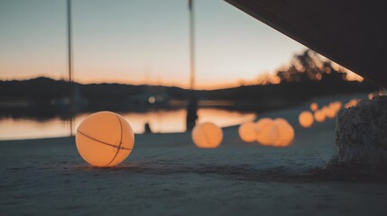 palette. Sunset beach with glowing spherical lights, creating a dreamy atmosphere through abstract bokeh effects. inspiring travel planning.