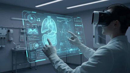 Medical professional in gloves interacting with holographic human body display and organs using virtual reality headset, futuristic medicine footage - Powered by Adobe