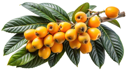 A cluster of ripe orange loquats with green leaves isolated on transparent background