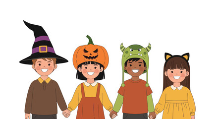 A diverse group of happy children in Halloween costumes holding hands.