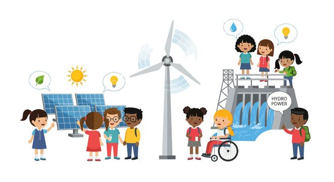 Diverse children learning about renewable energy sources like solar and wind power. - Powered by Adobe