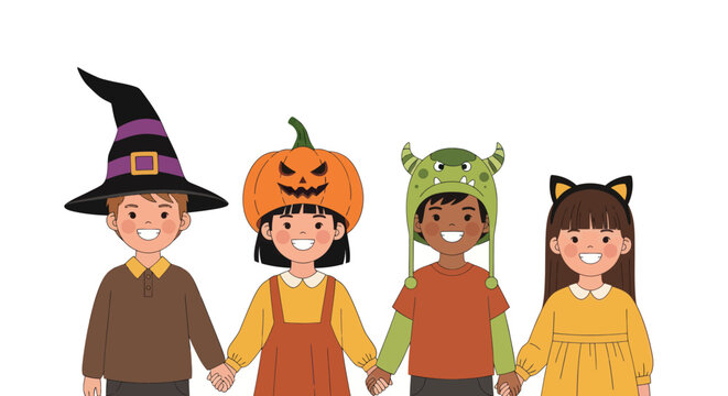 A diverse group of happy children in Halloween costumes holding hands.