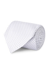 Elegant light grey tie rolled with tiny blue dot pattern on white background