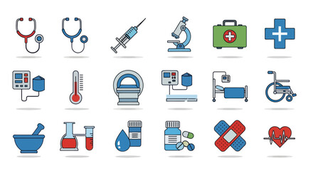 Collection of colorful flat line icons representing medical equipment and healthcare symbols.