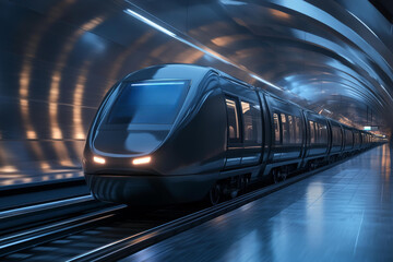 Naklejka premium Sleek, modern train moves through futuristic tunnel with bright, dynamic lighting, creating sense of speed and innovation in transportation