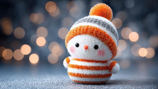 A cheerful snowman figure, dressed in an orange and white striped outfit, stands against a soft backdrop of out-of-focus, warm-toned lights.