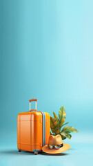 a suitcase with a summer hat, in an energetic blue and orange color scheme,  adventure, travel, and holiday excitement, suitable for a reel or a story. travel suitcase summer hat vertical story