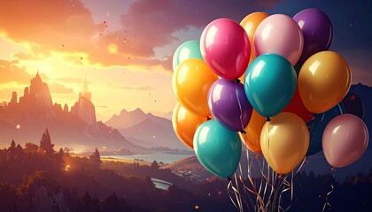 Vibrant Balloons Soaring Against Sunset Landscape in Digital Pixel Art Style with Warm Tones and Detailed Mountain Range