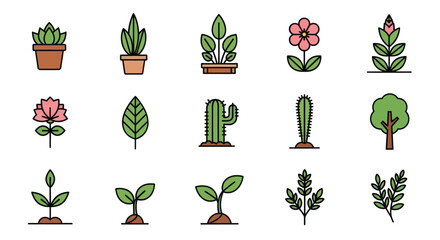 Collection of stylized potted plants flowers and trees icons.