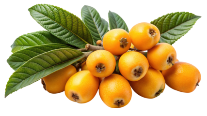 A cluster of ripe loquats with vibrant green leaves isolated on transparent background