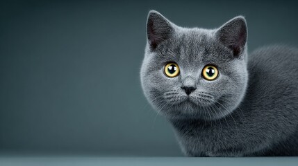 A grey cat with yellow eyes is staring at the camera