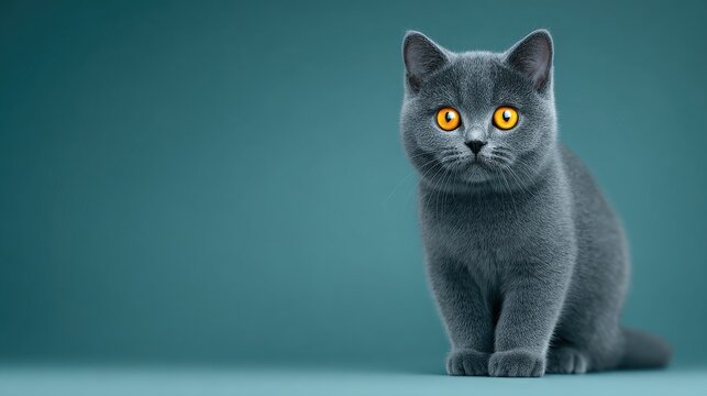 A grey cat with yellow eyes stands in front of a blue background - Powered by Adobe