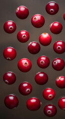 Overhead shot of numerous cranberries arranged on a dark background, showcasing their vibrant red hue and round shape, symbolizing freshness and health