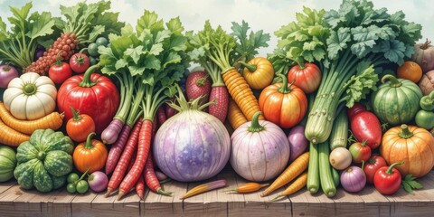 Fresh Veggie Watercolor  Artistic Depiction of a Farmer s Market Display, Organic Produce
