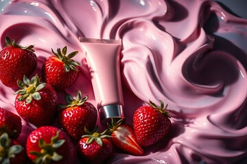 Minimalist composition highlighting a pink cosmetic tube, strawberry freshness, and artistic cream details.